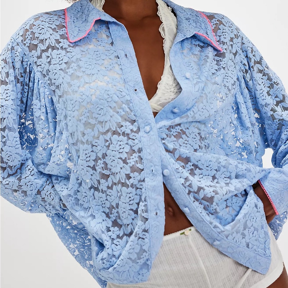 NWT Free People Intimately All Day Lace House Shirt Blue XS Romantic Feminine